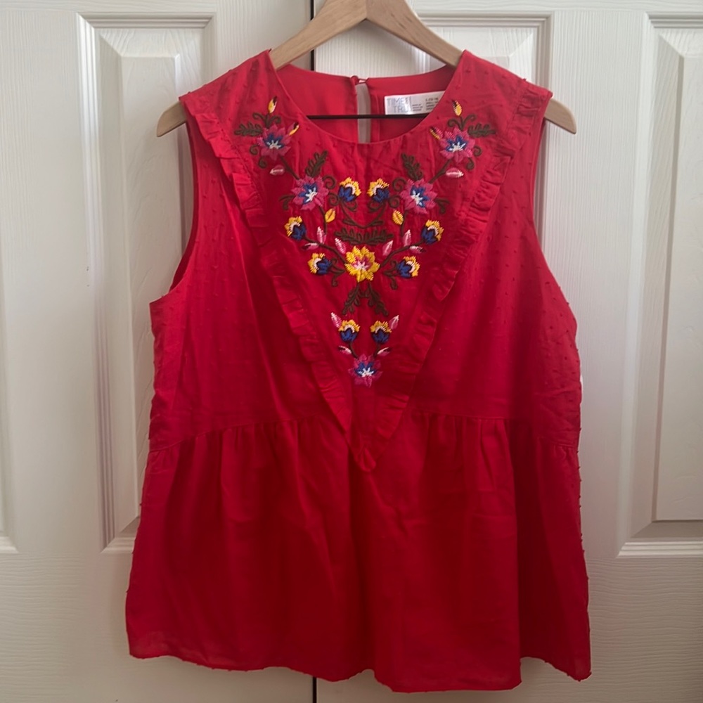 NWT Time and Tru sleeveless Swiss dot red embroidered top size Large